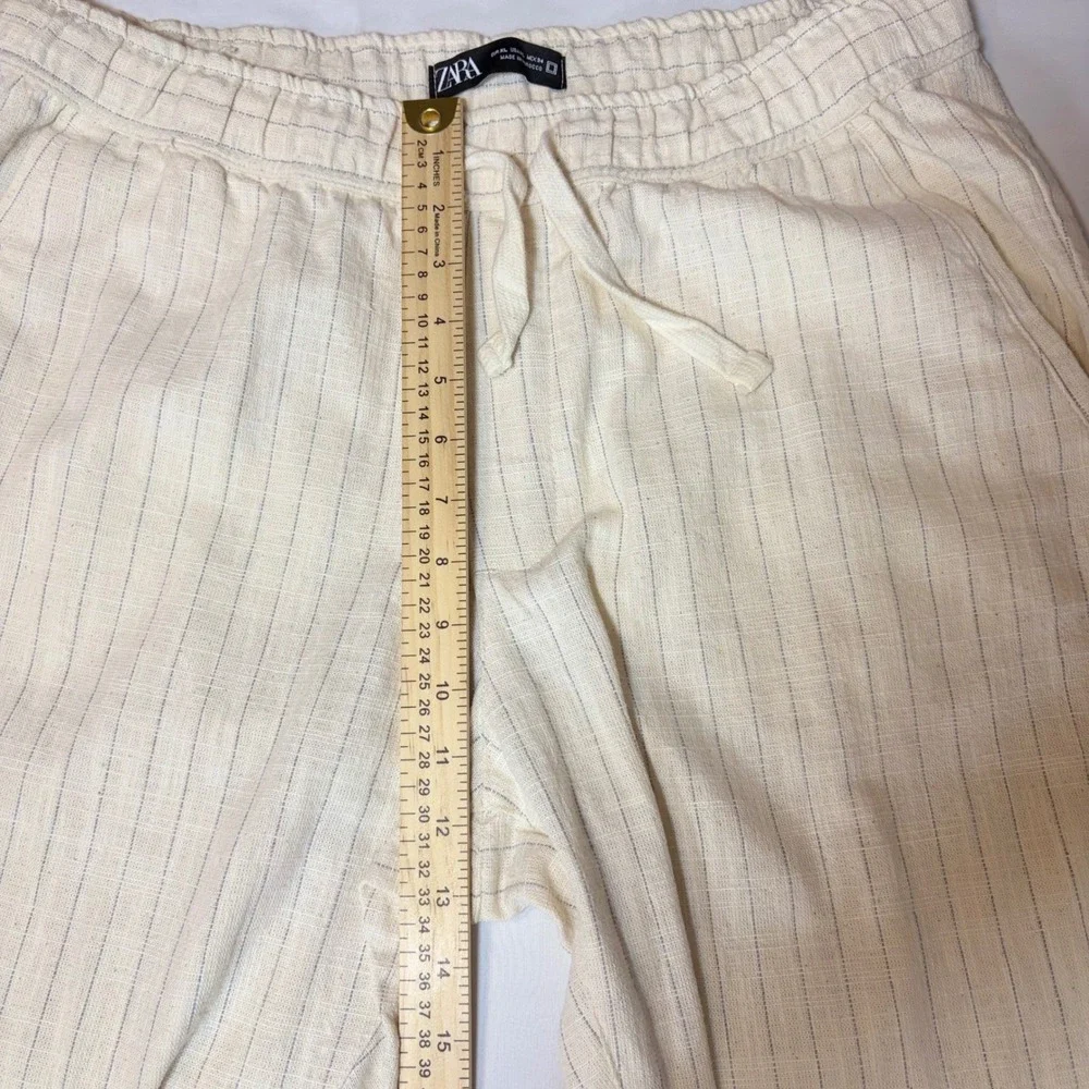 Zara Womens XL Pinstripe Drawstring Linen Blend Pants Cream Blue‎ High Rise